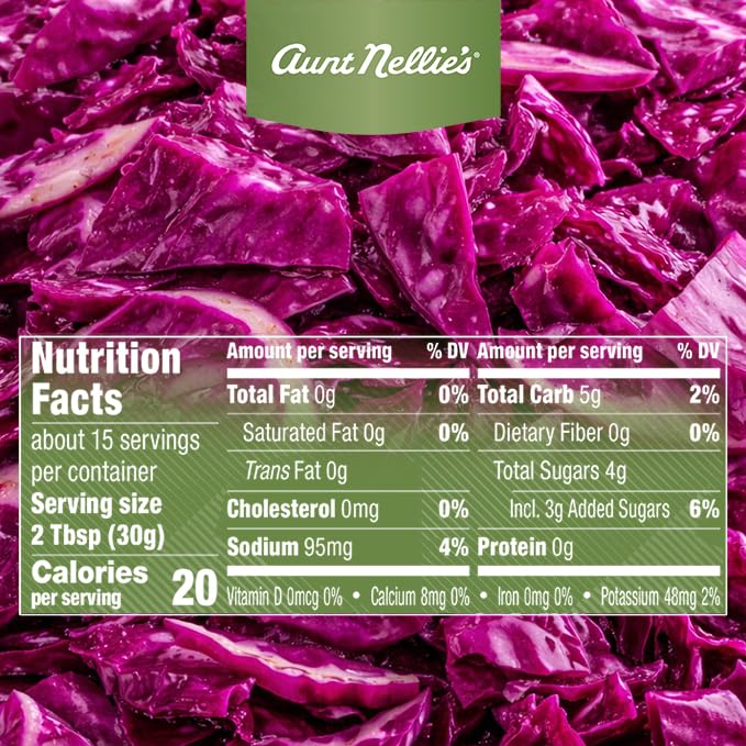 Aunt Nellie's Sweet & Sour Red Cabbage packaging front emphasizes convenience with twist-off lid