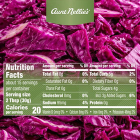Aunt Nellie's Sweet & Sour Red Cabbage packaging front emphasizes convenience with twist-off lid