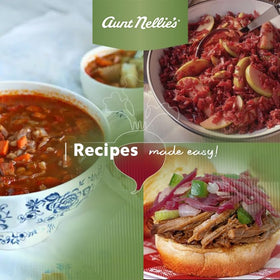 Aunt Nellie's Sweet & Sour Red Cabbage table-ready dish pairs well with sausages or roasts