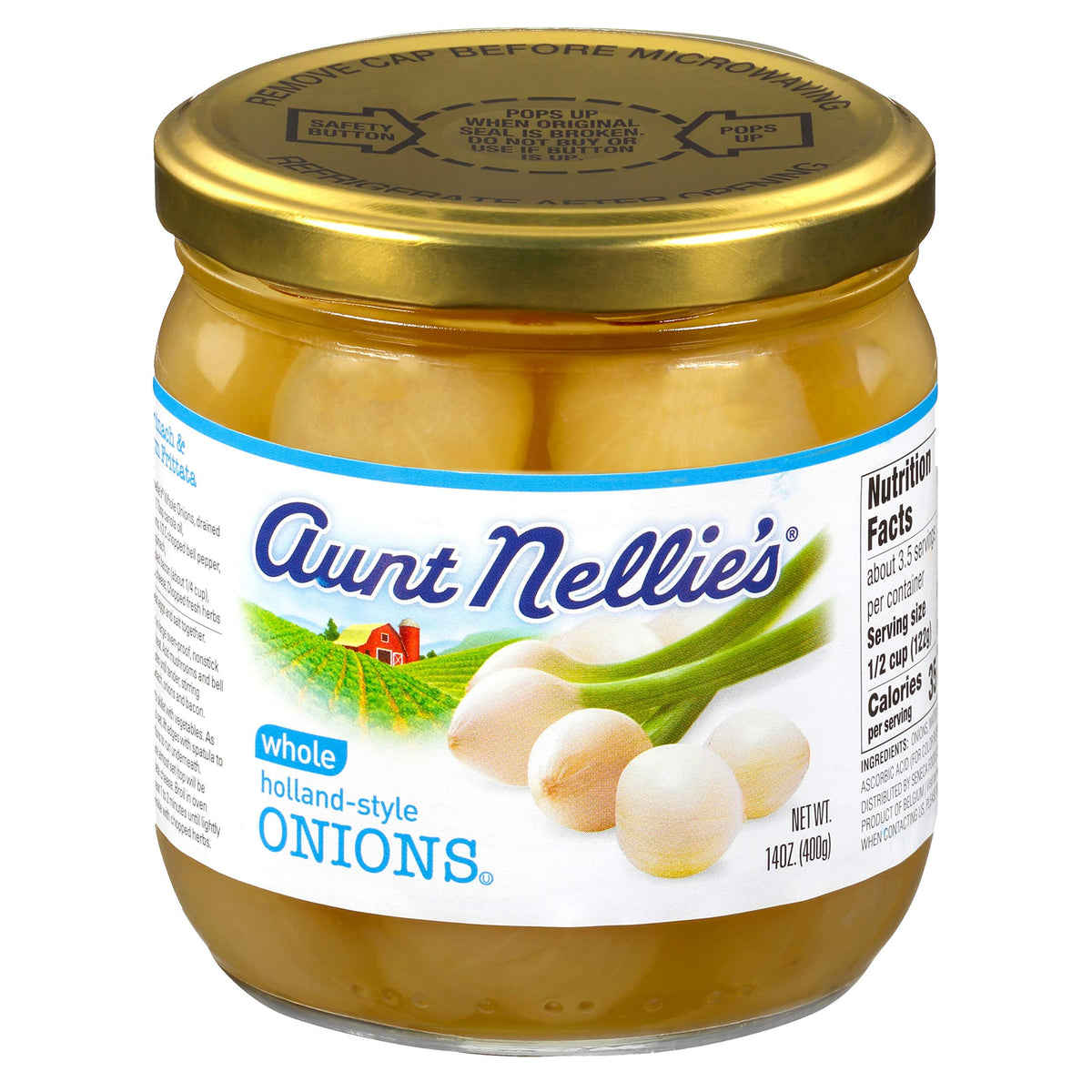Aunt Nellie's Whole Holland-Style Onions jar front for quick, flavorful casseroles and sides.