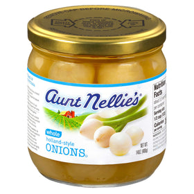 Aunt Nellie's Whole Holland-Style Onions jar front for quick, flavorful casseroles and sides.