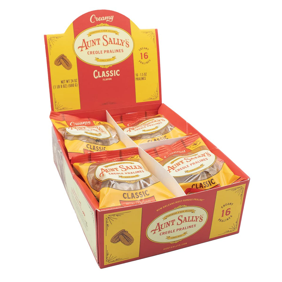 Aunt Sally's Creamy Classic Pralines 16-count box, perfect for gifting.