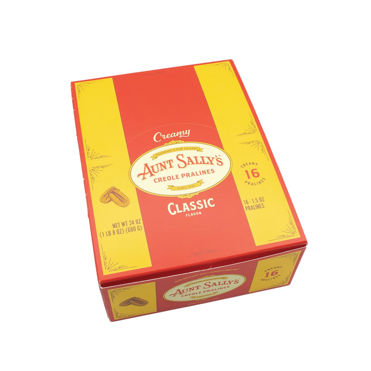 Close-up of Aunt Sally's Creamy Classic Pralines showing pecans and creamy caramel texture.
