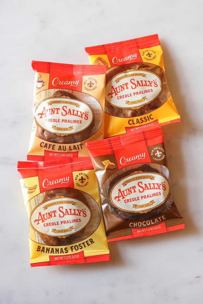 A close-up of Aunt Sally's creamy pralines showing pecan bits.