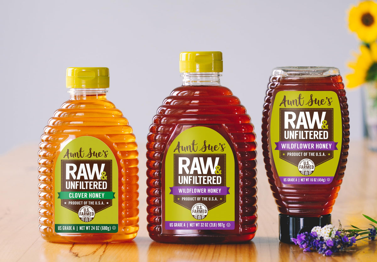Aunt Sue's 24-ounce honey packaging ready for pantry display