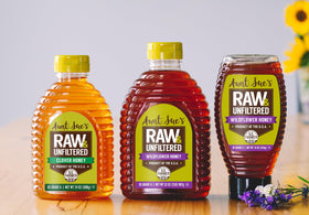 Aunt Sue's 24-ounce honey packaging ready for pantry display