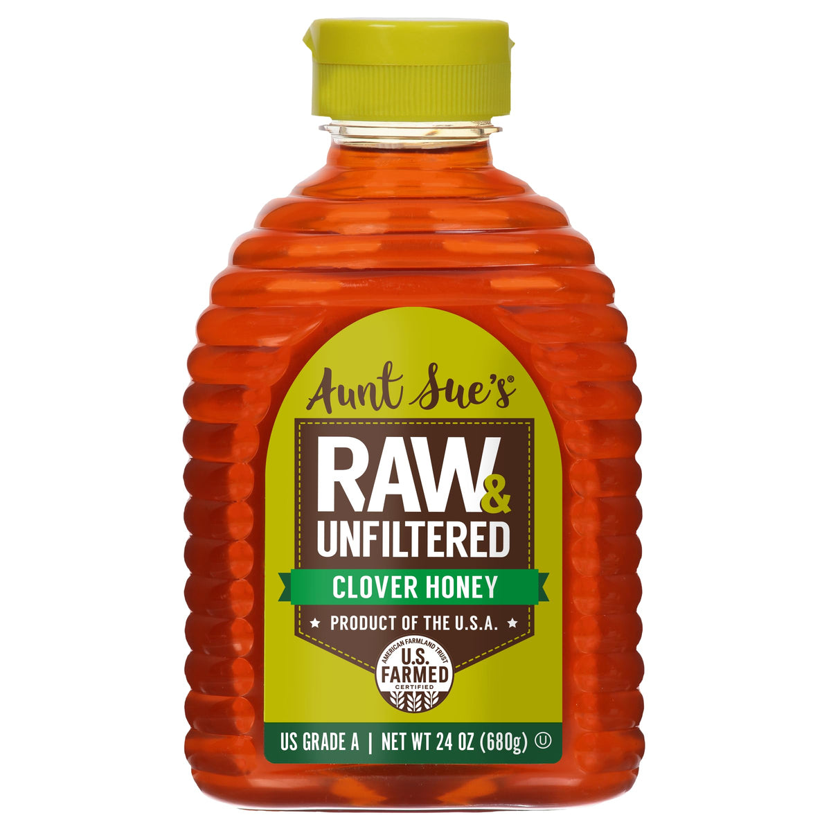 Aunt Sue's raw unfiltered clover honey jar with natural pollen for culinary depth