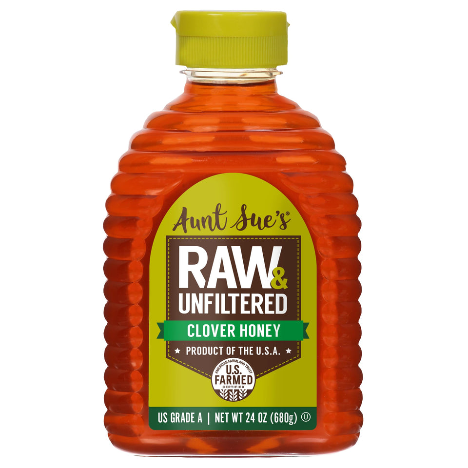 Aunt Sue's raw unfiltered clover honey jar with natural pollen for culinary depth