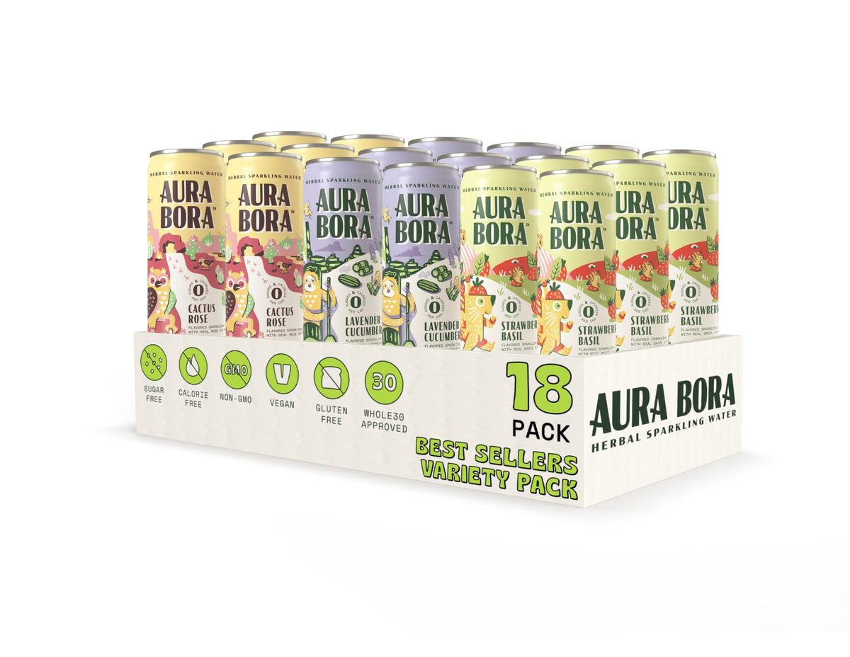 Aura Bora Lavender Cucumber can on a glass, refreshing herbal hydration with zero calories.