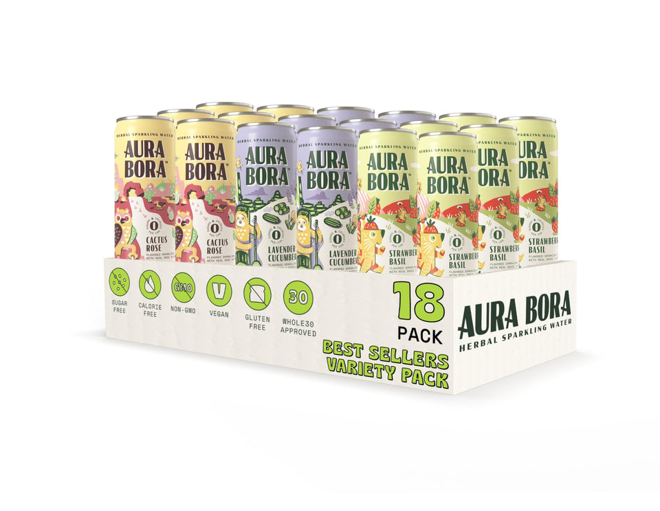Aura Bora Lavender Cucumber can on a glass, refreshing herbal hydration with zero calories.