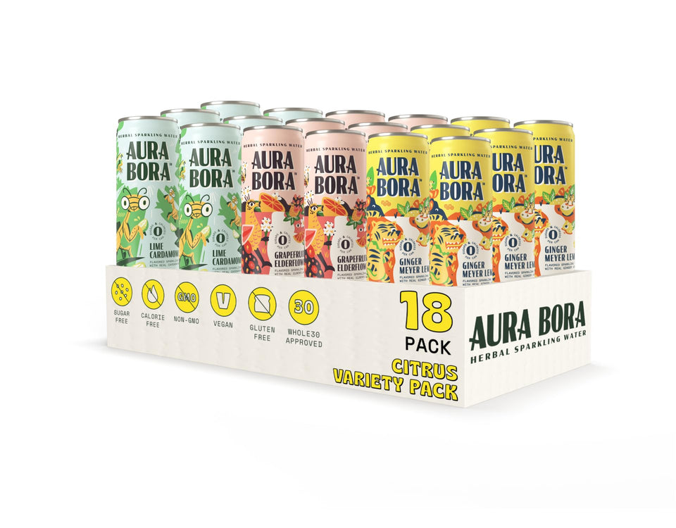 Aura Bora Lime Cardamom can on ice, a refreshing zero-calorie herbal option.