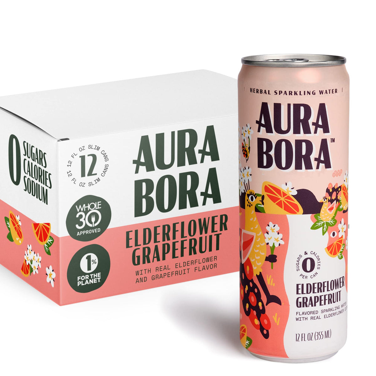 Aura Bora Grapefruit Elderflower bottle pour—zero calories and vibrant flavor for a refreshing sip.