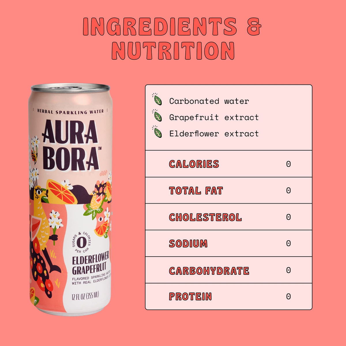 Aura Bora Grapefruit Elderflower can label—Non-GMO, gluten-free sparkling water in a sleek can.