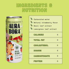 Aura Bora Strawberry Basil can back highlights 0 sugar and 0 sodium for mindful sipping.