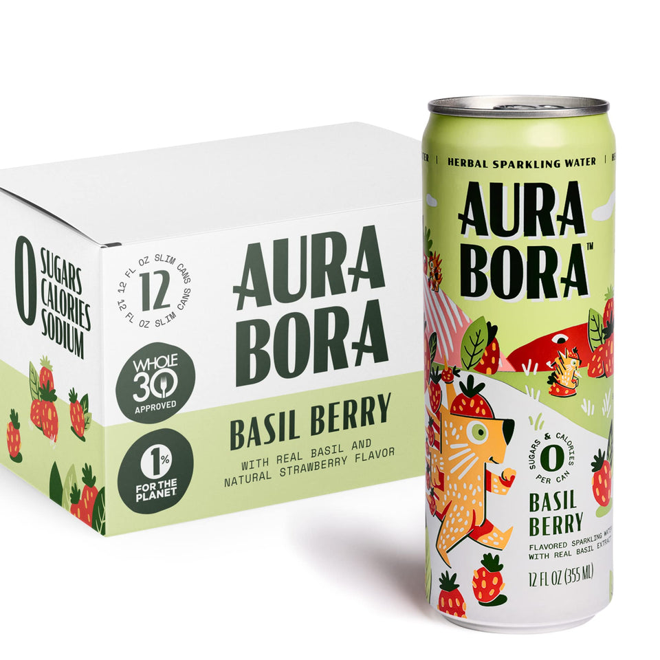 Aura Bora Strawberry Basil can front shows a zero-calorie herbal refreshment.