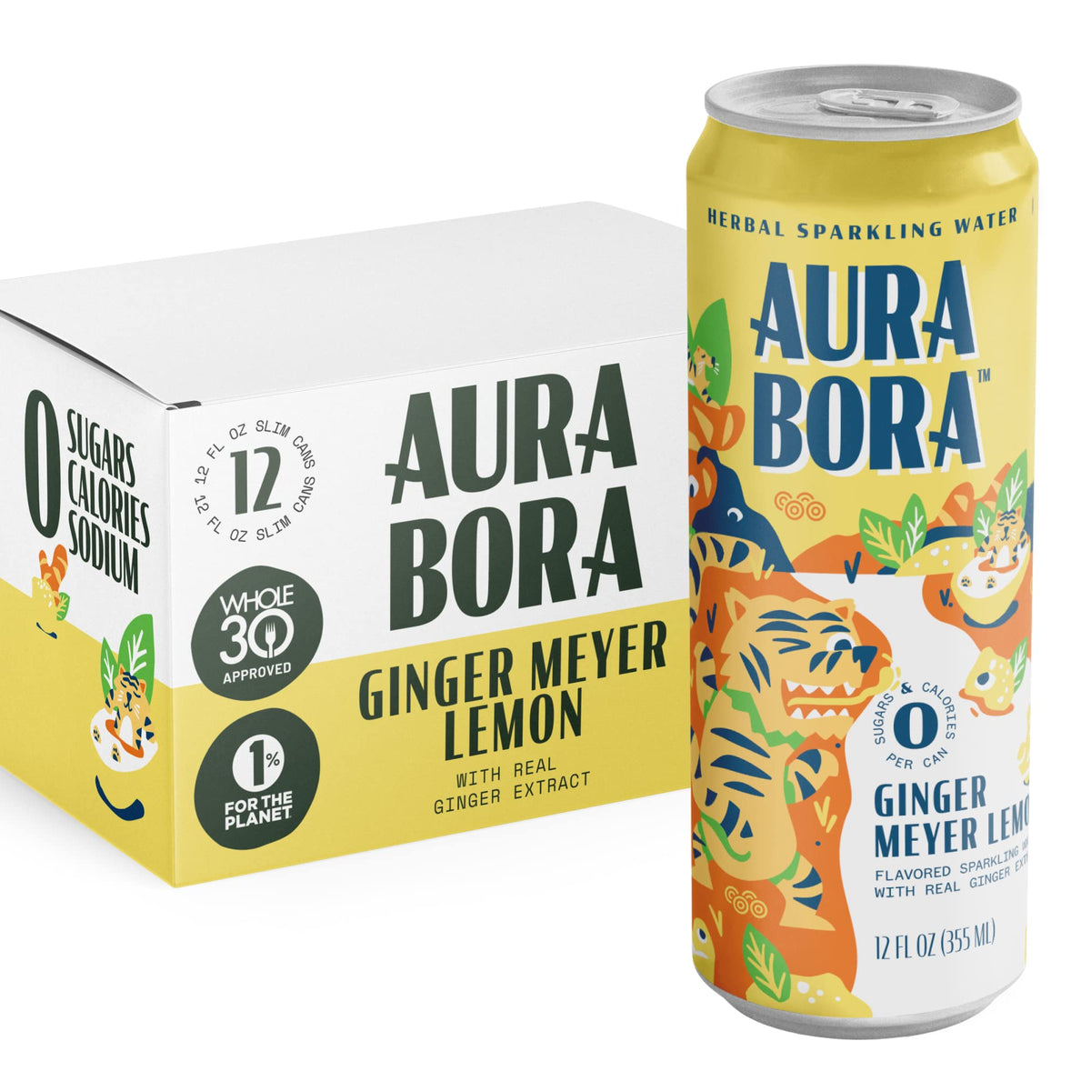 Aura Bora Ginger Meyer Lemon bottle on table signaling refreshing citrus flavor