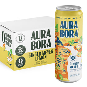 Aura Bora Ginger Meyer Lemon bottle on table signaling refreshing citrus flavor