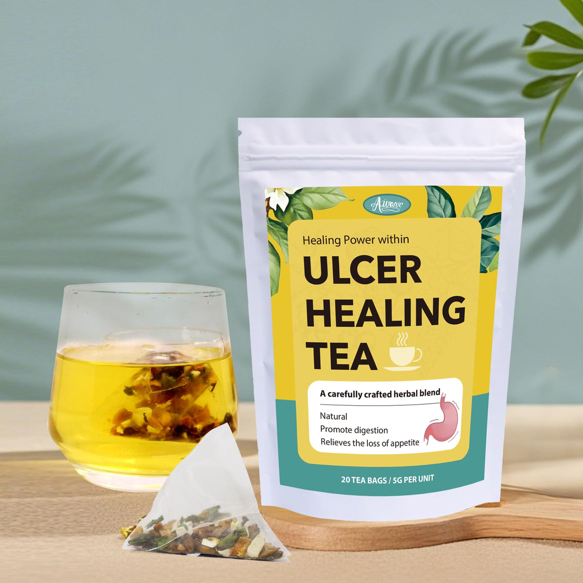 Auranic Ulcer Healing Tea brew in cup with warm aroma.