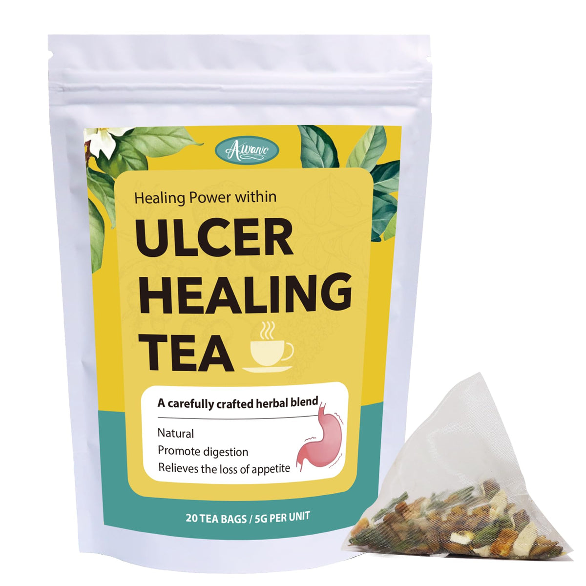 Auranic Ulcer Healing Tea pack shot showing natural ingredients for digestive support.
