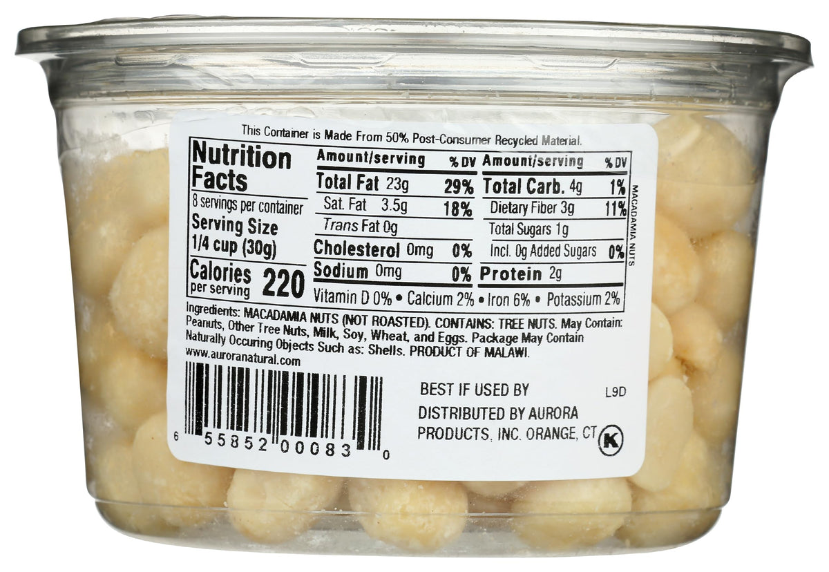 AURORA Macadamia Nuts raw 8 oz bag closeup emphasizing creamy texture