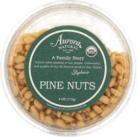 Aurora Organic Pine Nuts 4oz pack close-up, highlighting fresh texture for versatile use.