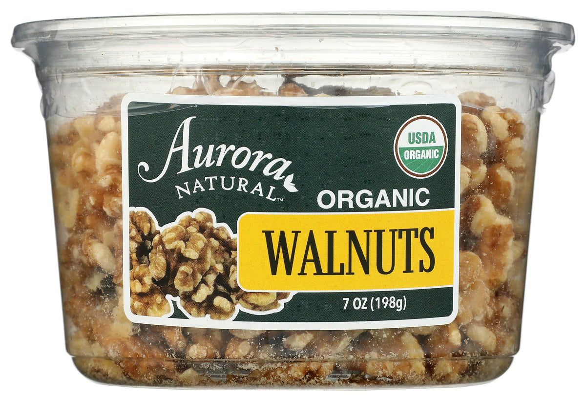 Aurora Organic Walnut Halves packaging shows convenient 7 oz size for easy snacking.