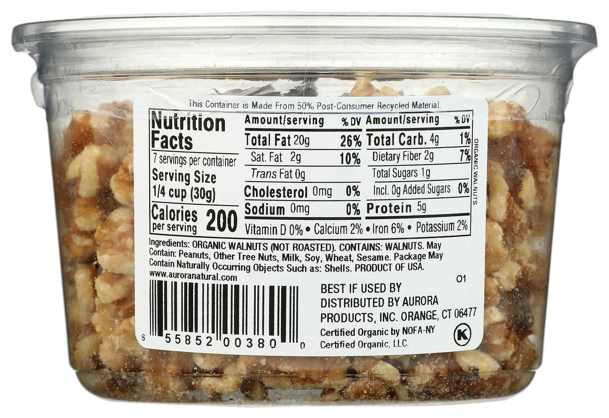 Close-up texture of Aurora Organic Walnut Halves reveals rich aroma and crunch.