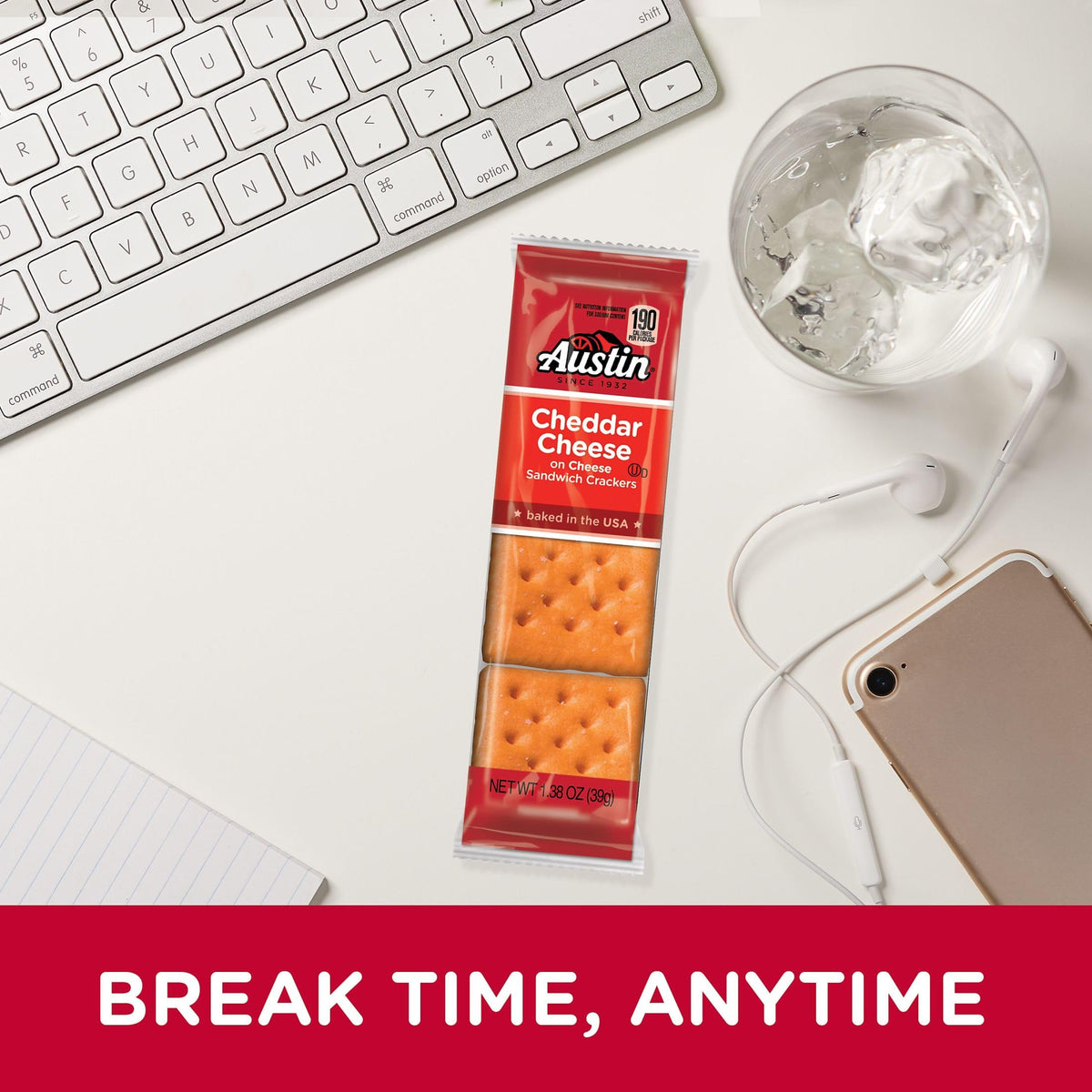Austin Cheddar Cheese Flavored Sandwich Crackers near lunchbox, creamy filling and crispy layers for portable snacking.