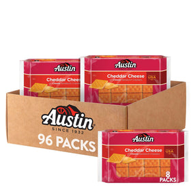 Austin Cheddar Cheese Flavored Sandwich Crackers in a packaged tray, ready for travel snacking.