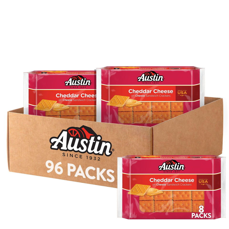 Austin Cheddar Cheese Flavored Sandwich Crackers in a packaged tray, ready for travel snacking.