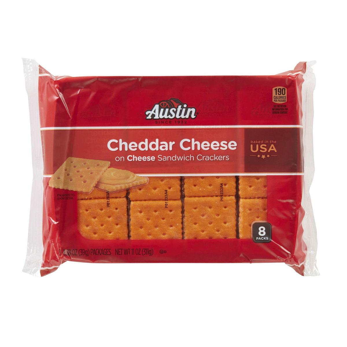 Austin Cheddar Cheese Flavored Sandwich Crackers on office desk, quick salty snack.