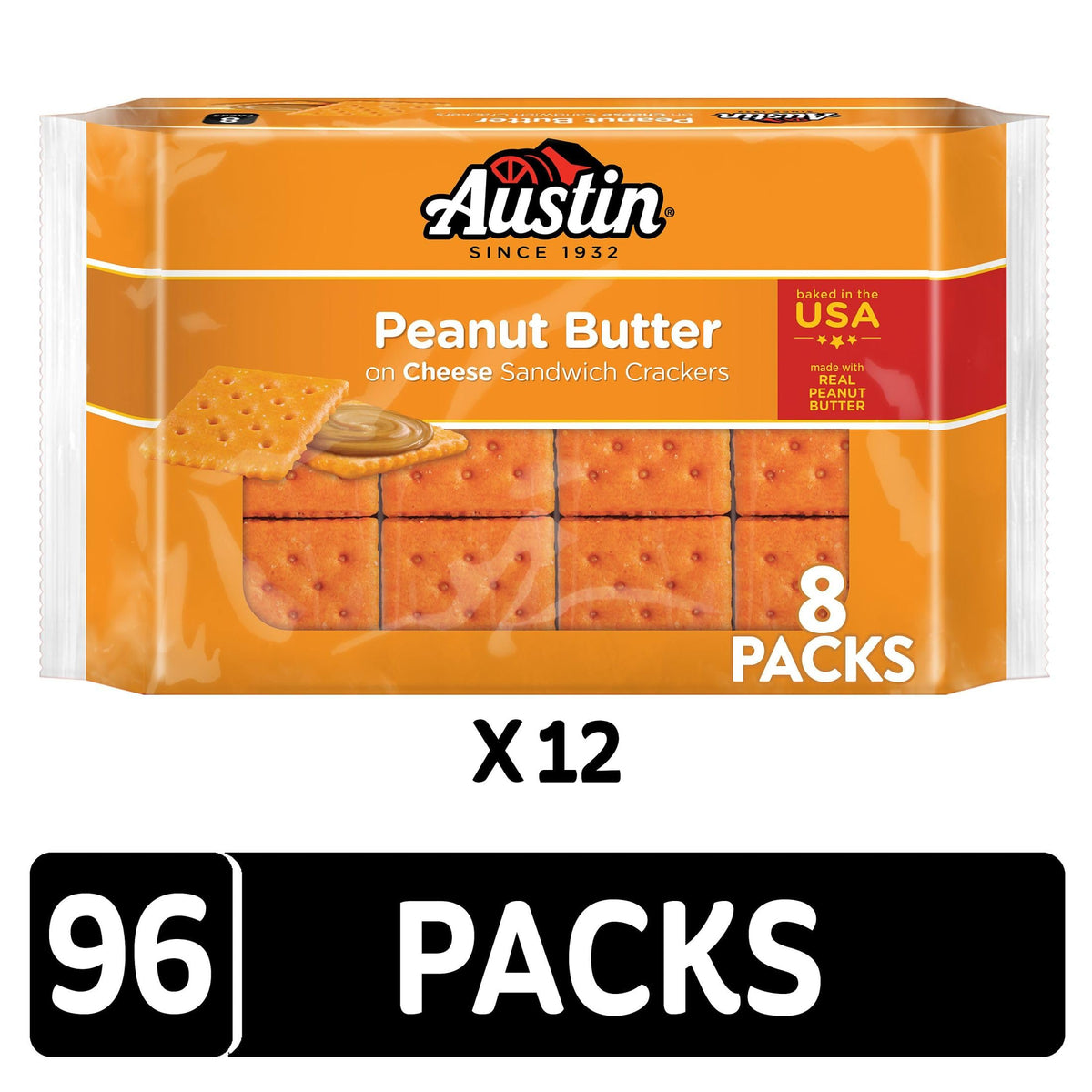 Austin Peanut Butter on Cheese Sandwich Crackers closeup showing creamy filling and crisp cheese layers