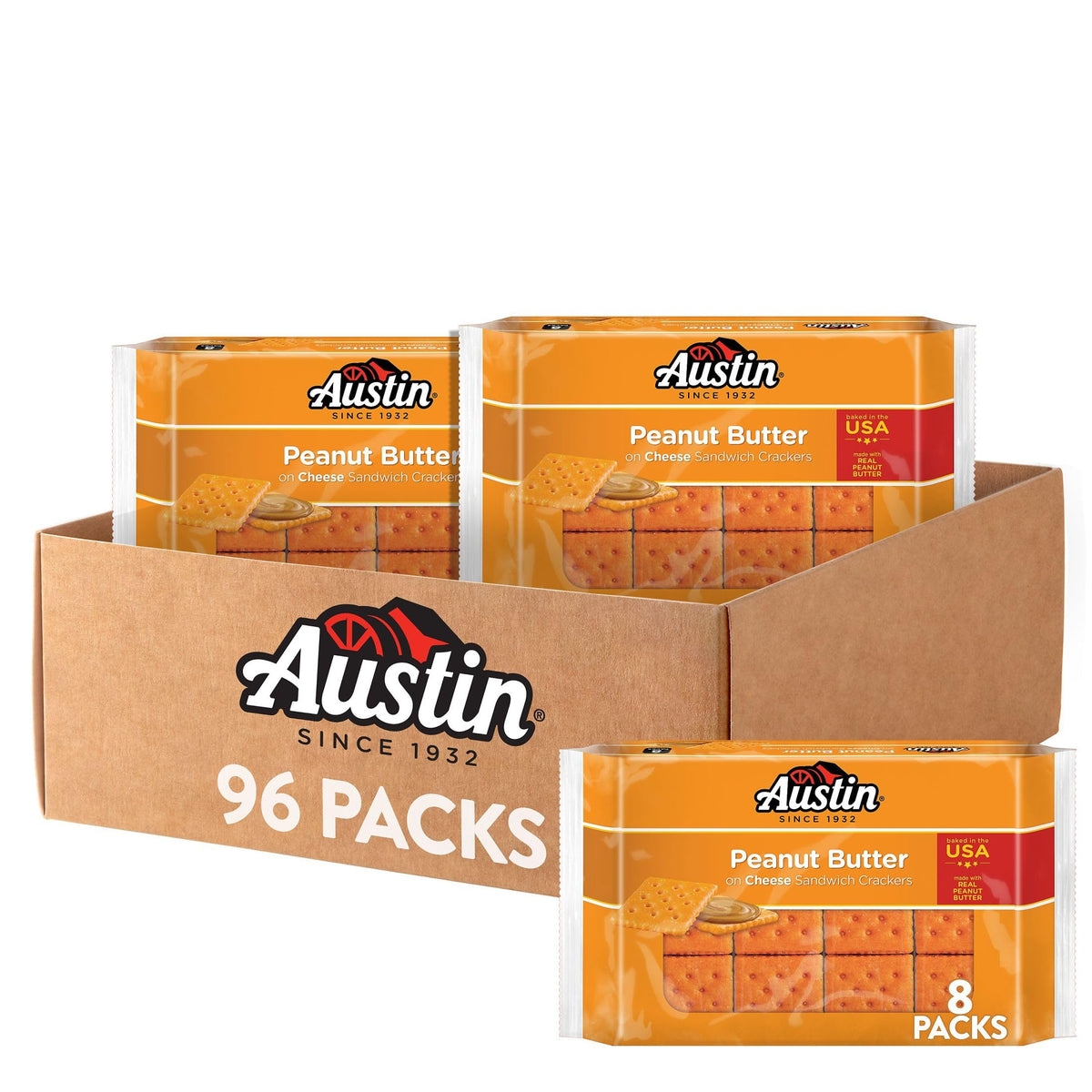 Austin Peanut Butter on Cheese Sandwich Crackers tray open for quick snack on the go