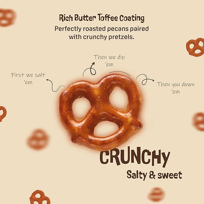 Bite-sized toffee pretzels close-up by Austin Pretzel Co showcasing glossy coating