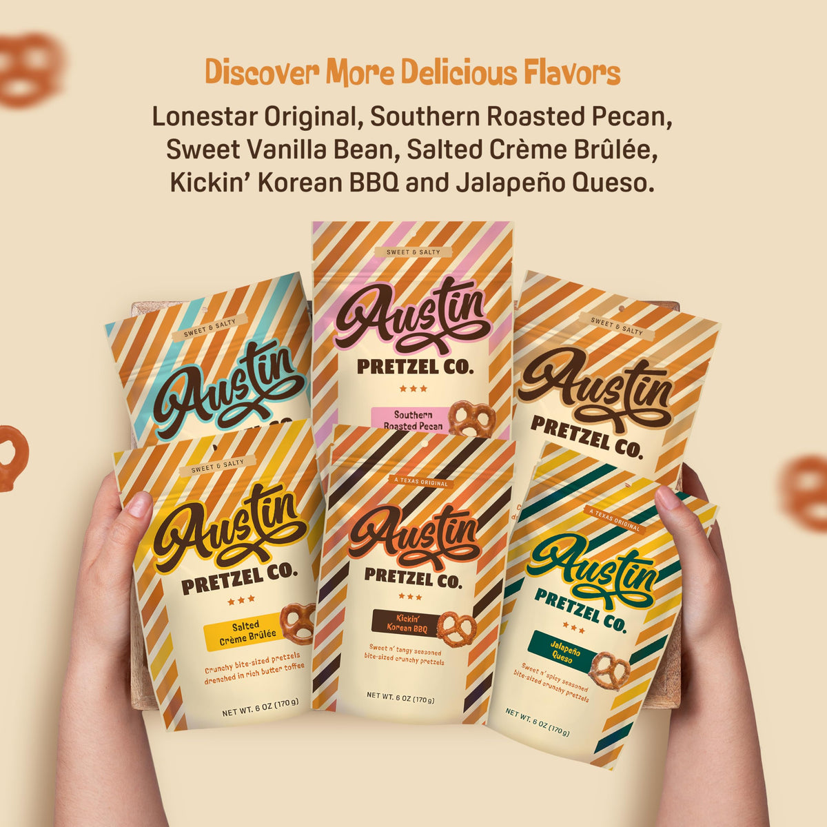 Stacked Austin Pretzel Co pretzels with glossy finish for premium appeal