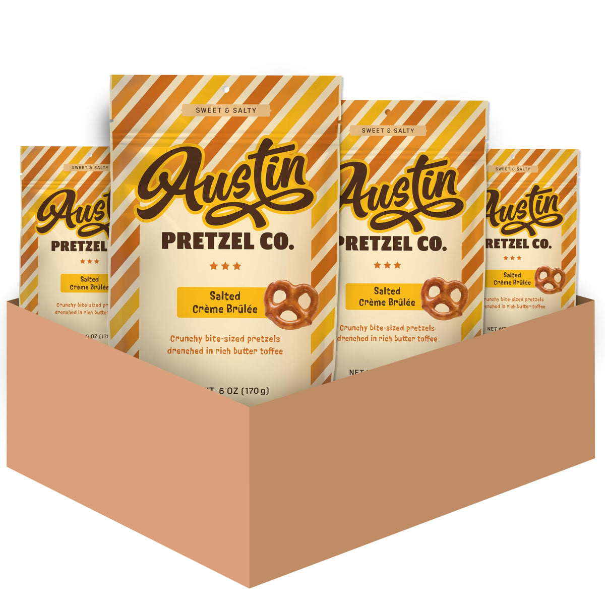 Austin Pretzel Co Salted Creme Brulee pretzels in a four-pack for easy snacking