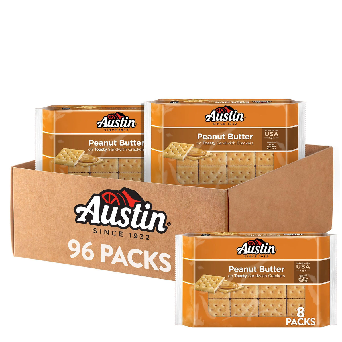 Austin Sandwich Crackers with toasty peanut butter packaging for on-the-go snacking.