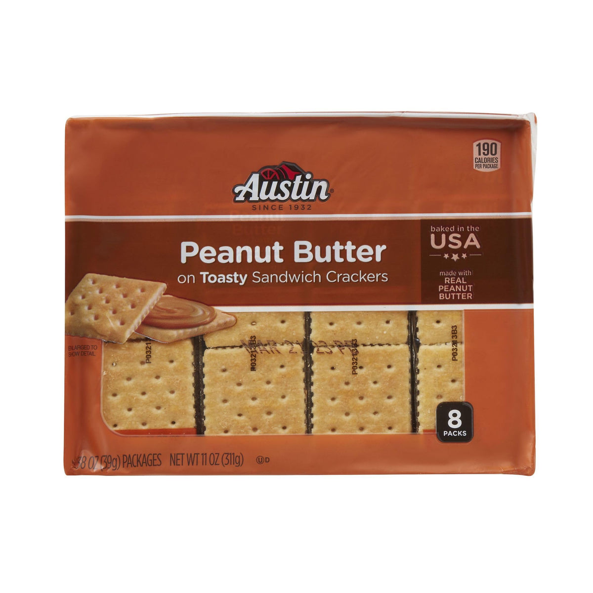 Travel-ready packaging of Austin Sandwich Crackers for commutes.
