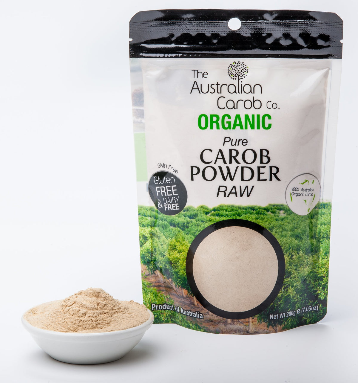 The Australian Carob Co. carob powder used in baking for rich color and chocolatey notes.