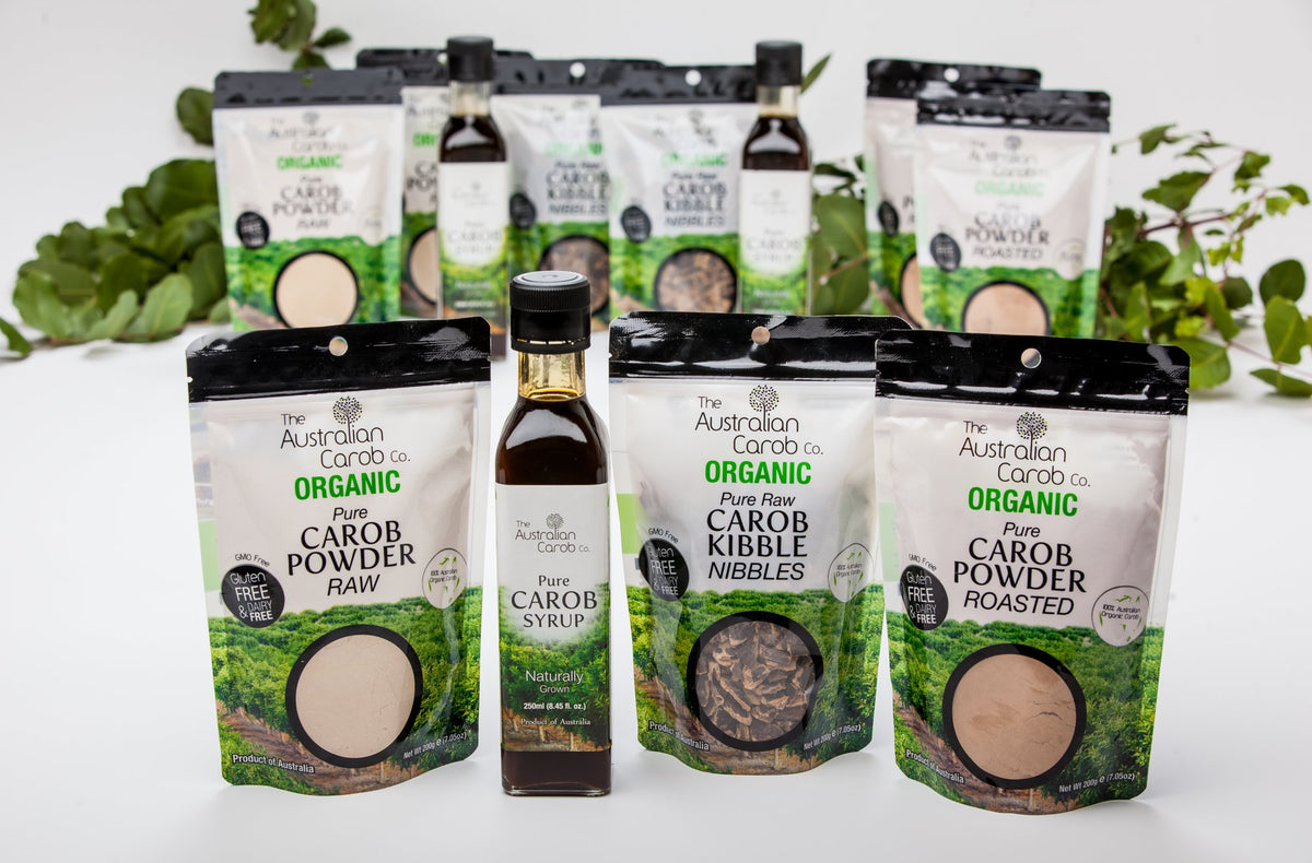 The Australian Carob Co. organic carob powder on a label signaling a plant-based ingredient.