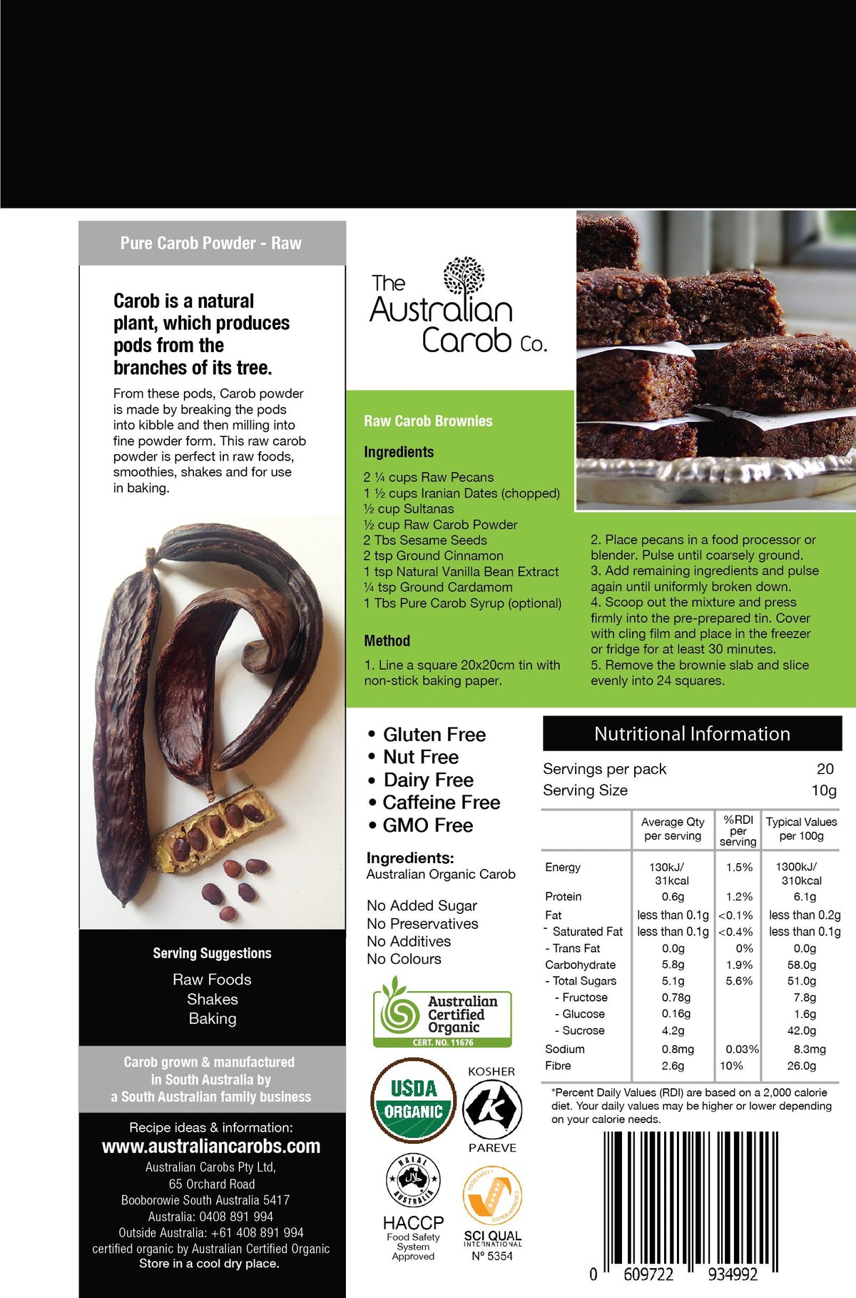 The Australian Carob Co. jar of carob powder highlighting purity and simple scooping.