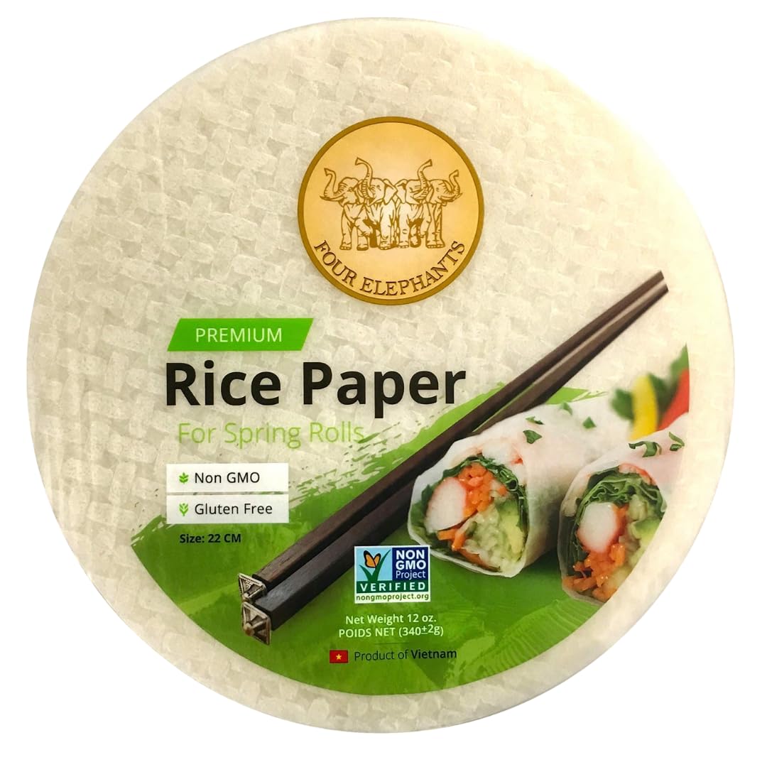 Authentic Asian Pantry Four Elephants rice paper pack, perfect for fresh spring rolls.