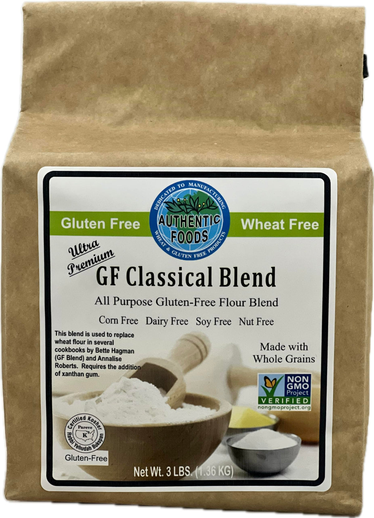 Authentic Foods Gluten Free Classical Blend pack shot, ideal for cakes, cookies, and pie crusts.