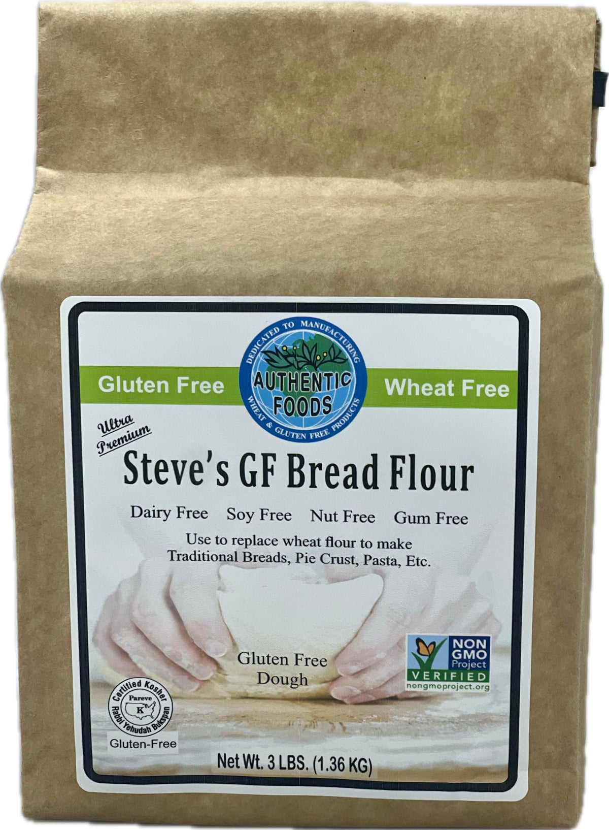Authentic Foods Steve’s GF Bread Flour Blend bag shown for gluten-free bread baking versatility.