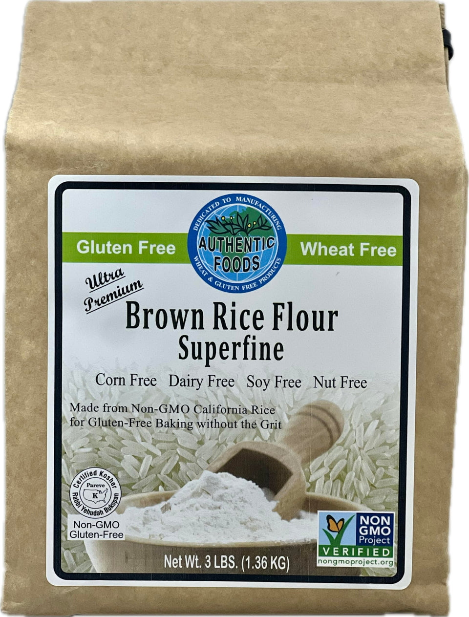 Authentic Foods Superfine Brown Rice Flour bag, ideal for gluten-free baking and tender textures