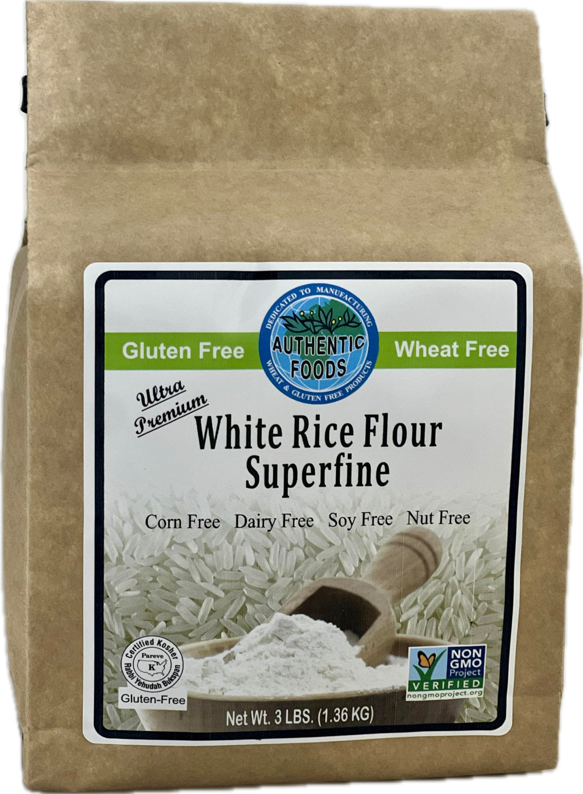 Authentic Foods superfine white rice flour bag for gluten-free baking and light, tender textures