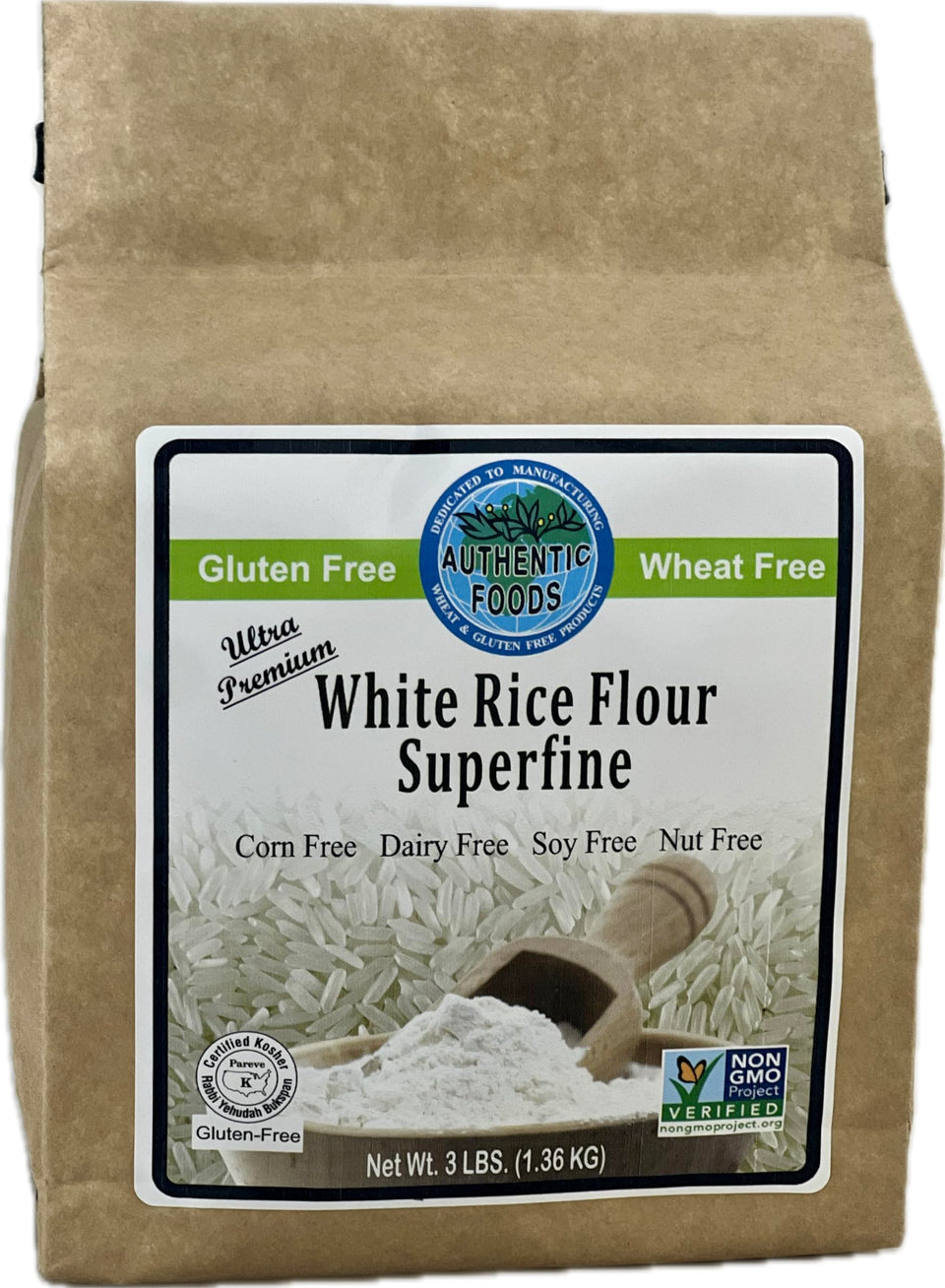 Authentic Foods superfine white rice flour bag for gluten-free baking and light, tender textures