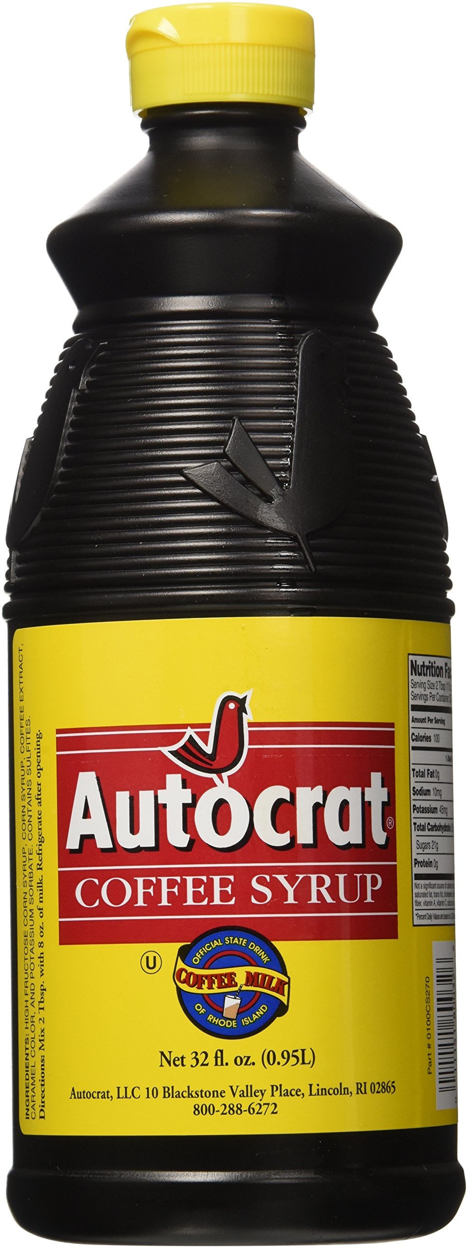 Autocrat Coffee Syrup bottle pour delivers rich flavor for coffee, milk drinks, and desserts