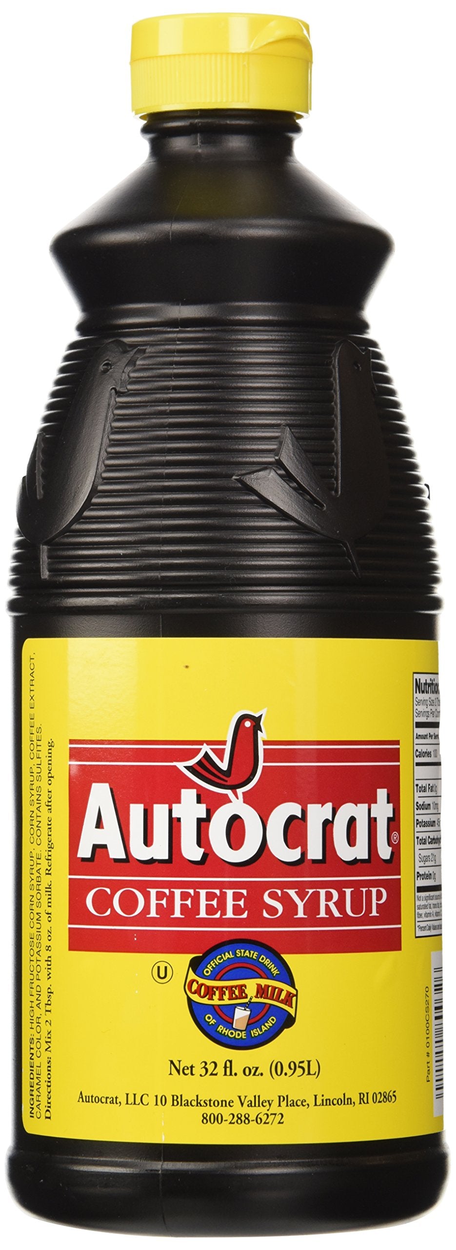 Autocrat coffee syrup 32oz bottle on shelf, perfect for classic coffee milk.