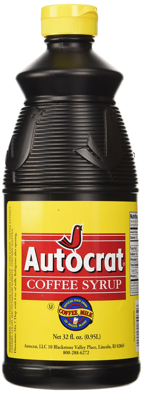 Autocrat coffee syrup 32oz bottle on shelf, perfect for classic coffee milk.